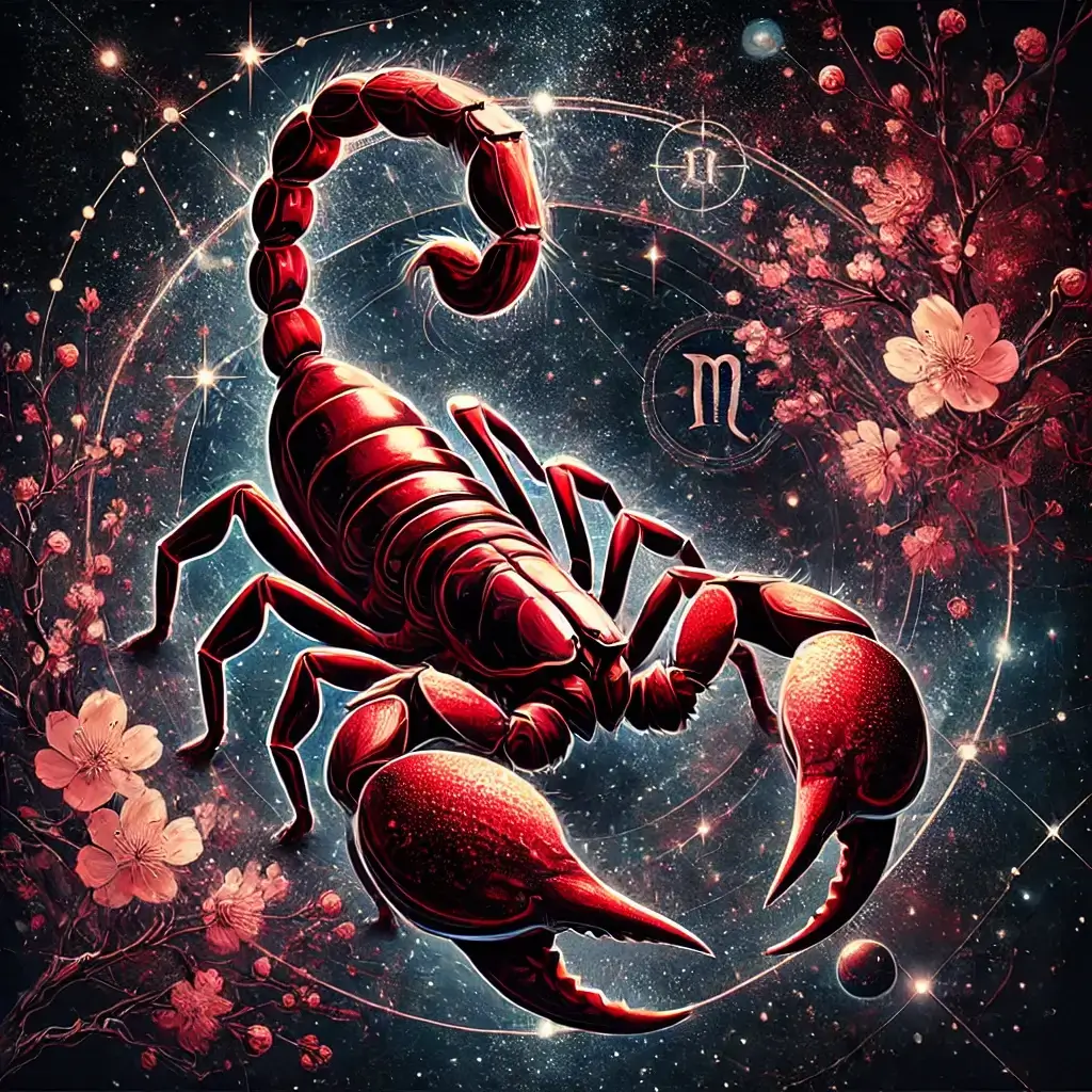 A stylized artistic representation of the Scorpio zodiac sign. The image features a striking red or dark-toned scorpion with detailed textures.