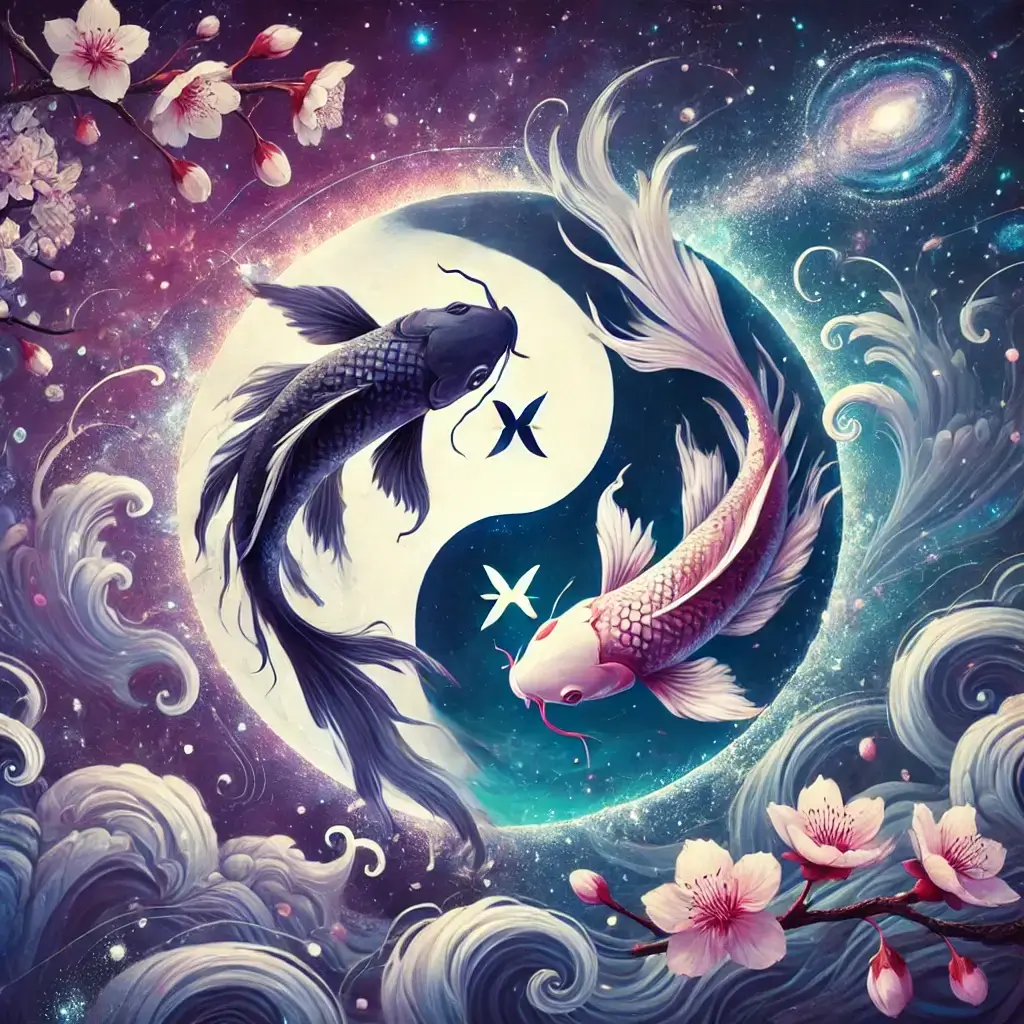 A stylized artistic representation of the Pisces zodiac sign. The image features two koi fish swimming in a yin-yang formation, surrounded by swirling