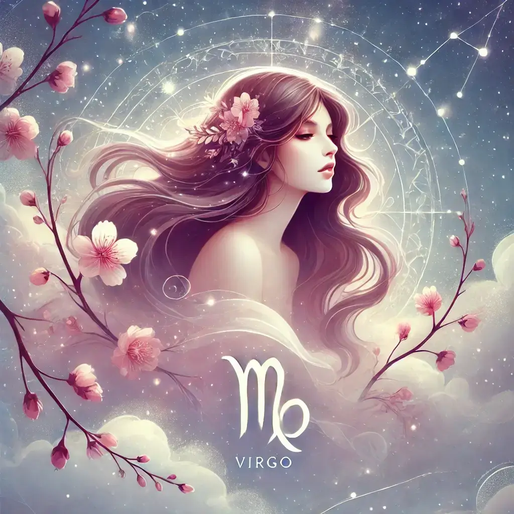 A stylized artistic representation of the Virgo zodiac sign. The image features a serene and ethereal young woman with long flowing hair.