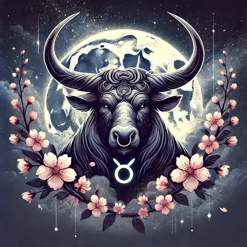 A stylized artistic representation of the Taurus zodiac sign. The image features a strong, noble bull with detailed horns, set against a starry night.