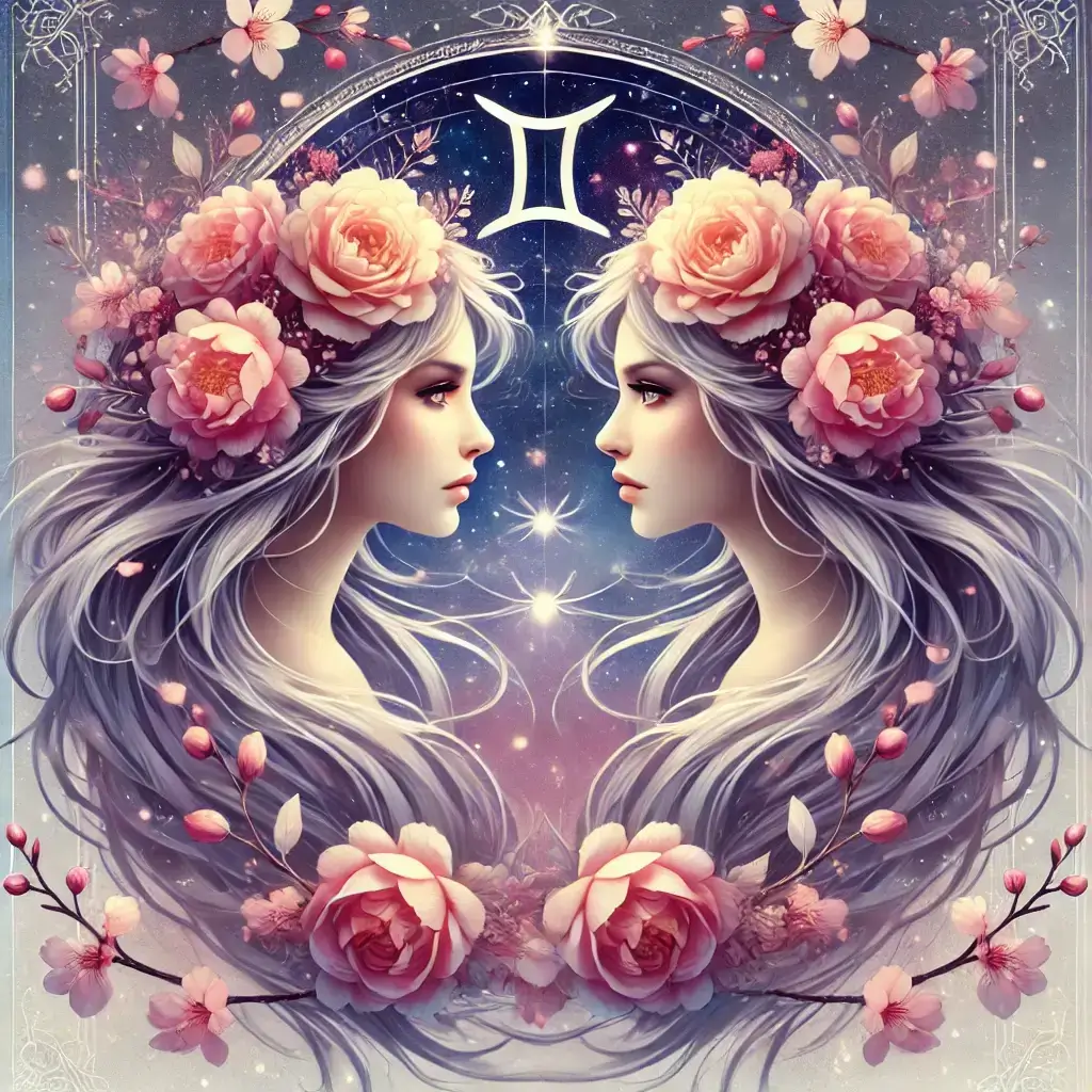 A stylized artistic representation of the Gemini zodiac sign. The image features two identical ethereal female faces with flowing hair, facing each other.