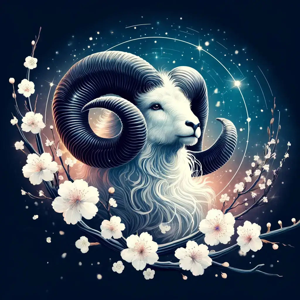 A stylized artistic representation of the Aries zodiac sign. The image features a majestic ram with large, spiraling horns, set against a cosmic, star.