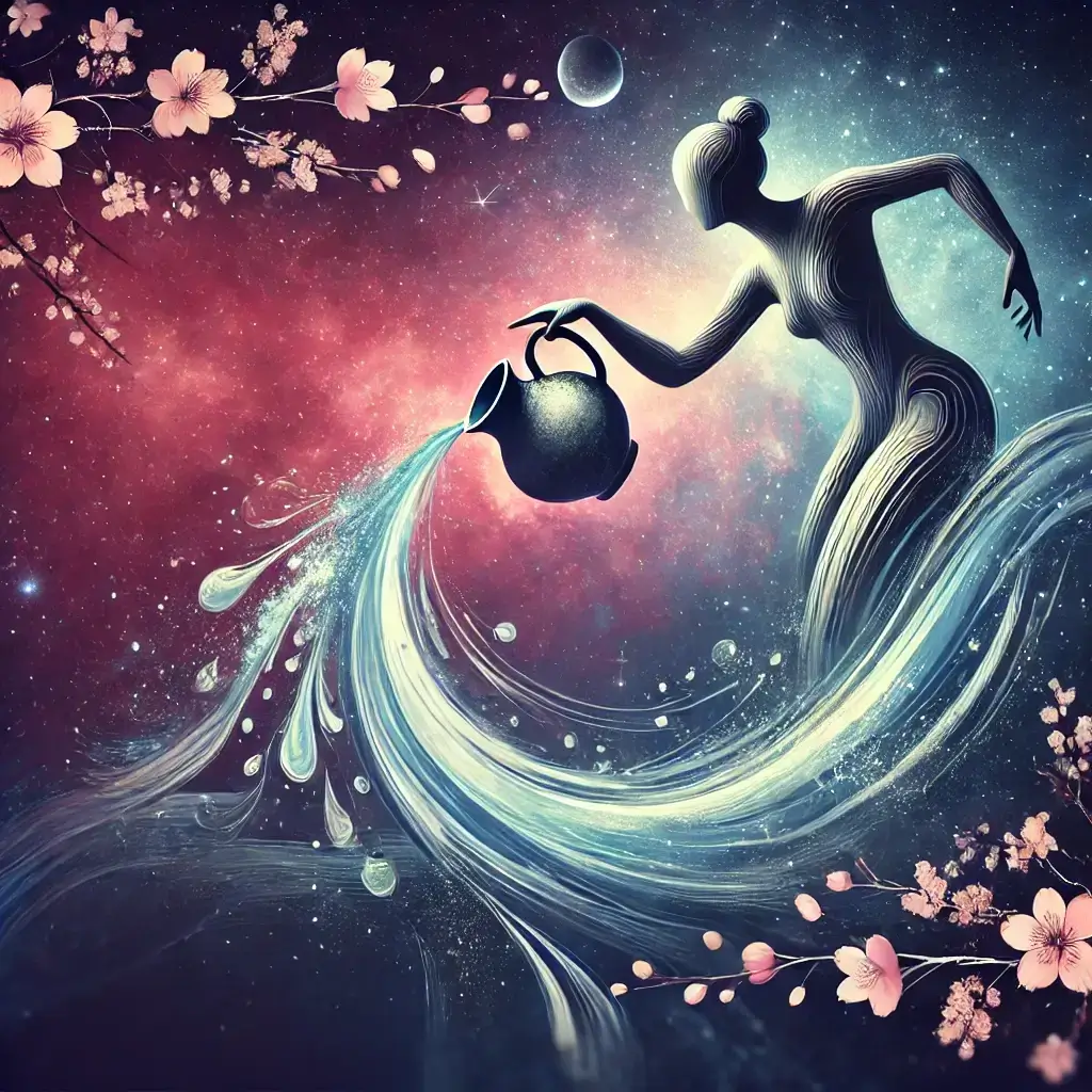 A stylized artistic representation of the Aquarius zodiac sign. The image features a graceful figure or symbolic vessel pouring water.