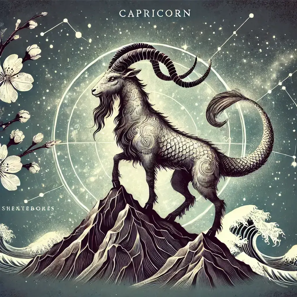 A stylized artistic representation of the Capricorn zodiac sign. The image features a mythical goat with a fish tail, standing gracefully on a mountain.