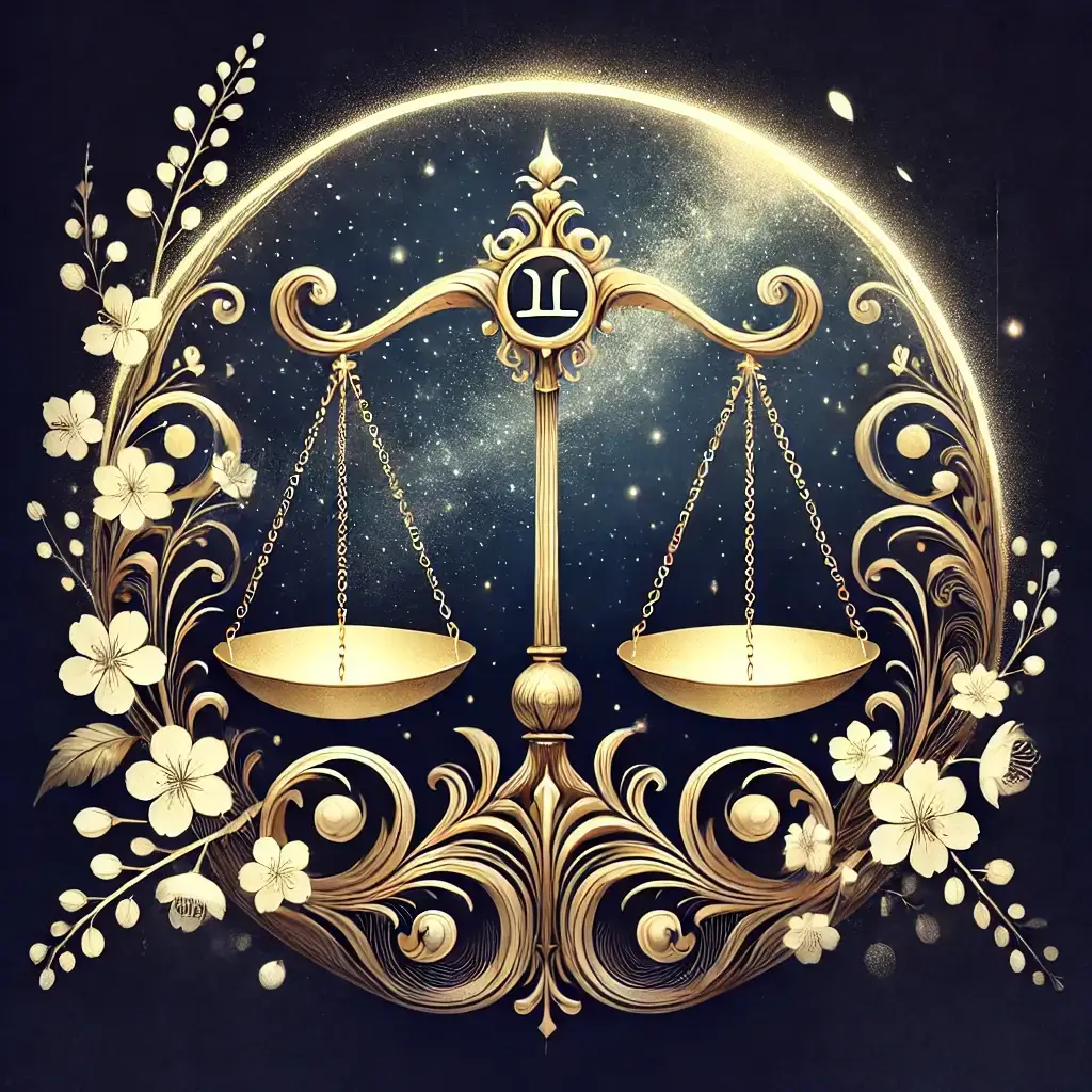 A stylized artistic representation of the Libra zodiac sign. The image features a golden scale, perfectly balanced, with delicate and ornate design.