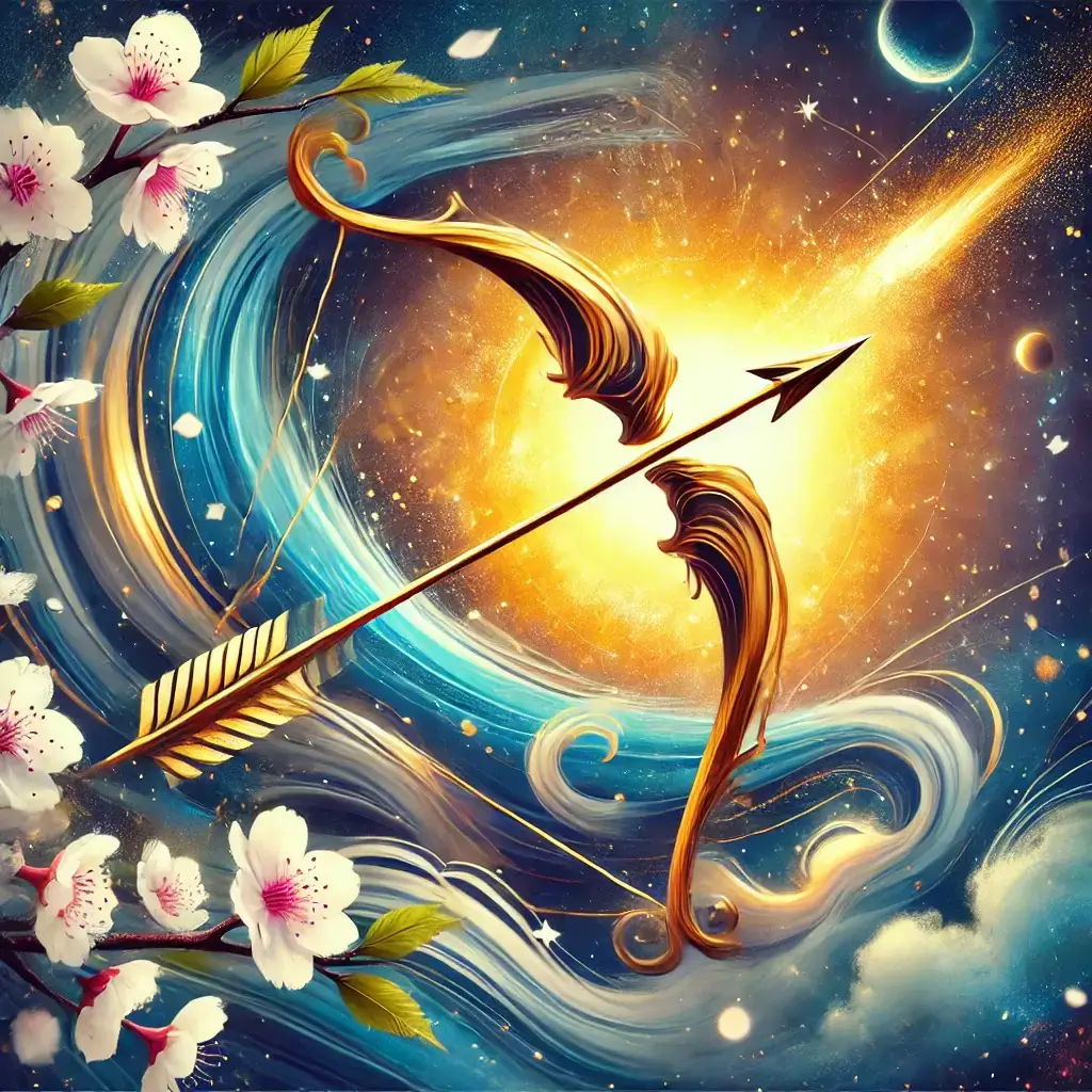 A stylized artistic representation of the Sagittarius zodiac sign. The image features a golden bow and arrow, mid-flight or being drawn.