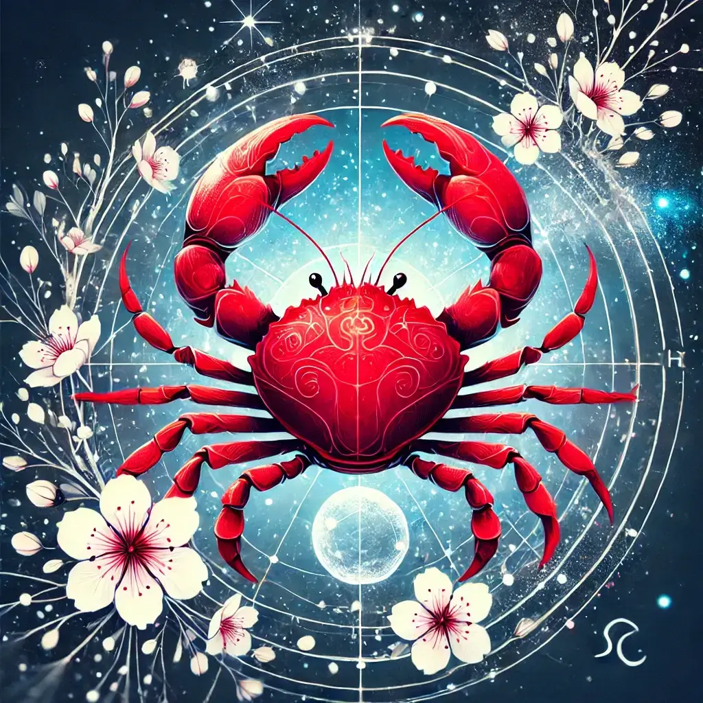 A stylized artistic representation of the Cancer zodiac sign. The image features a bright red crab with a cosmic, starry background.